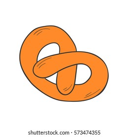 Vector cartoon illustration with hand drawn isolated pretzel. Bakery or pastry shop icon for sweet food design