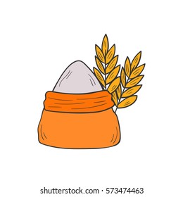 Vector cartoon illustration with hand drawn isolated flour bag and golden ears. Organic healthy food. Wholegrain icon isolated on white background