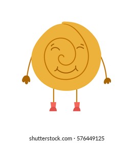 Vector cartoon illustration with hand drawn isolated swirl bun character. Pastry shop icon. Sweet bakery food design