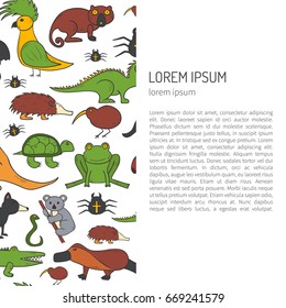 Vector cartoon illustration with hand drawn australia animals background. Australian kangaroo, koala, emu, wombat. Cartoon vector zoo characters. Australia tourism concept. Nature wildlife background