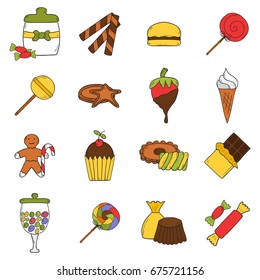 Vector cartoon illustration with hand drawn candy shop icons. Sugar sweets, lollipop, chocolate, candy bars, bonbons in cute hand drawn style. Vector candy land cartoon icons