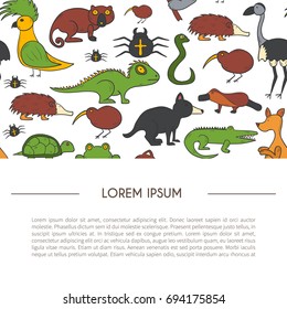 Vector cartoon illustration with hand drawn australia animals background. Australian kangaroo, koala, emu, wombat. Cartoon vector zoo characters. Australia tourism concept. Nature wildlife background