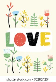Vector cartoon illustration of hand drawn world Love in wintage colors. Fancy letters. Design for print posters.+