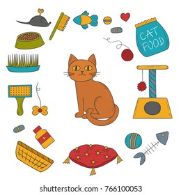 Vector cartoon illustration with hand drawn cat care things: mouse, food, pet house, food bowl. Set of cat things icons for domestic animals design