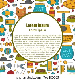 Vector cartoon illustration with hand drawn cat care things background: mouse, food, pet house, food bowl. Set of cat things icons for domestic animals design