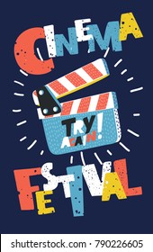 Vector cartoon illustration of hand drawn clapperboard. Cinema festival Poster. Perfect design for greeting cards, T-shirts, banners, print invitation. Modern style graphic concept on dark background.