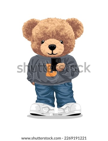 Vector cartoon illustration, hand drawn cute bear holding cellular phone in casual style