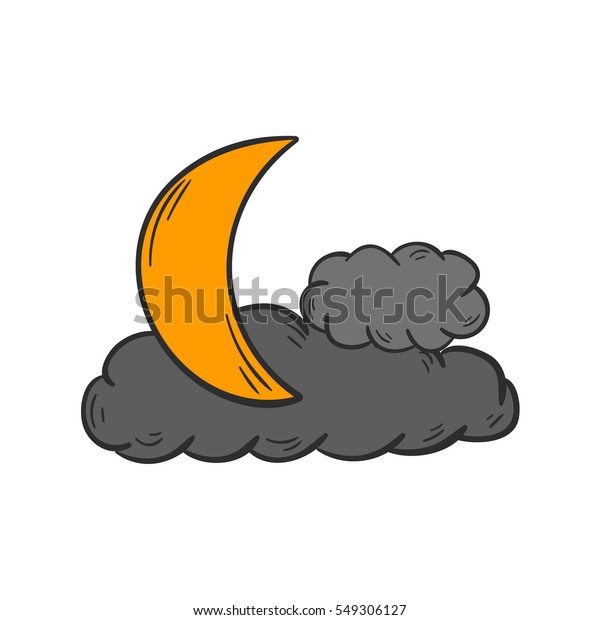 Vector cartoon illustration with hand drawn\
gray night clouds and yellow moon. Scary, magic, mystery icon\
design. Isolated objects on white\
background