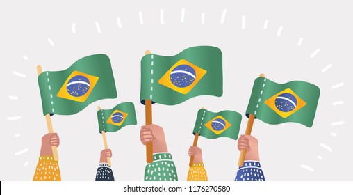 Vector cartoon illustration of a hand of fans with the flags of Brazil, celebration, demonstration parade crowd. Object on isolated white background.