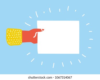 Vector cartoon illustration of Hand holding blank sheet of paper. Template blank sheet of paper.