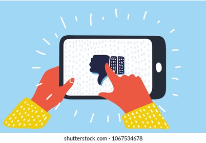 Vector cartoon illustration of Hand holding smartphone with dislike on screen. Thumbs down. Human hand give rate. Social network and media on mobile phone. Modern graphic elements