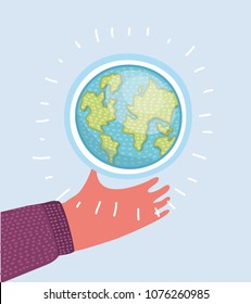 Dibujo vectorial de la mano sosteniendo el mundo. Planeta terrestre
