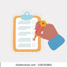 Vector cartoon illustration of hand holding clipboard with checklist and pencil. to-do list and planning project. Election, marketing, develop, questionnaire, inventory, checklist