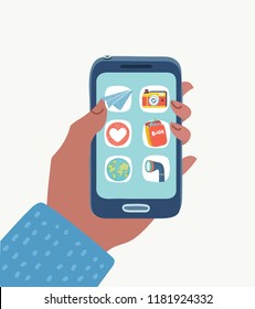 Vector cartoon illustration of Hand holding black smartphone with icon app on display. Object on white background in modern style.