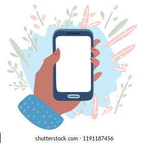 Vector cartoon illustration of Hand holding cell phone blank on white screen and white background. Object on isolated background.