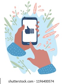 Vector cartoon illustration of Hand holding black mobile phone isolated on blue background. Smartphone in human's hand with like thumb up icon sign on the screen. Push the button
