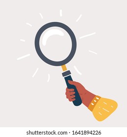 Vector cartoon illustration of hand holding a magnifying glass on white background.