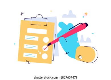 Vector cartoon illustration of hand holding clipboard with checklist and pencil. to-do list and planning project. Election, marketing, develop, questionnaire, inventory, checklist