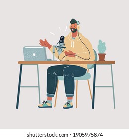 Vector cartoon illustration of Hand Holding a microphone symbol Journalism man make podcast, broadcast, blogger, someone interviewed online. Man talk and express him opinion on white background.