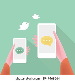 Vector cartoon illustration of a hand holding a smartphone with a bluebird a talk bubble
