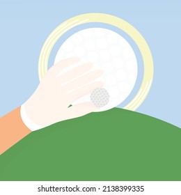 ilustración vectorial de una mano sosteniendo una bola de golf en un campo de estilo plano