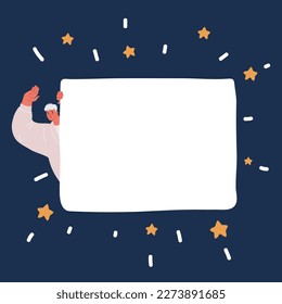 Vector cartoon illustration of hand holding advertising banner over dark background
