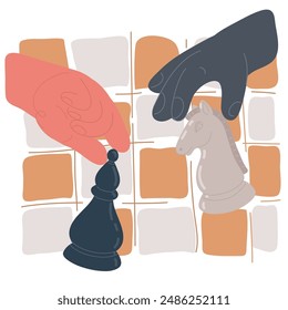 Vector cartoon illustration of hand holding bishop, knight chess piece, making a move in a chess game