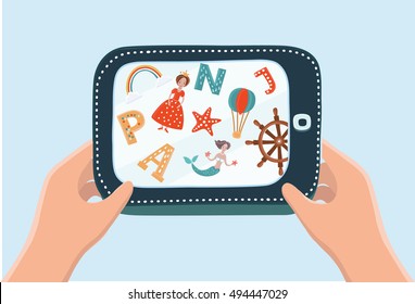 Vector cartoon illustration of hand holding tablet. Kid Learning ABC with pc and play game