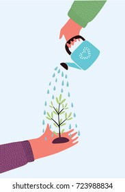 Vector cartoon illustration of hand holding watering can watering plant, business concept. planting plants