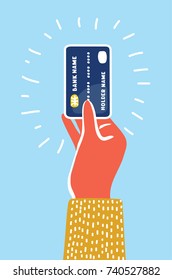 Vector cartoon illustration of Hand holding credit card isolated on blue. Funny colorful concept in modern style.