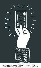 Vector cartoon illustration of hand holding credit card black icon. Modern funny concept of consumers in black and white colors.
