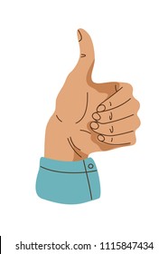 Vector cartoon illustration of hand thumb up icon. Hand gesture - raised finger. Isolated object.