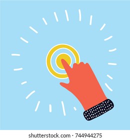 Vector cartoon illustration of hand touching by finger point on virtual screen. Isolated on blue background. Modern colorful concept.