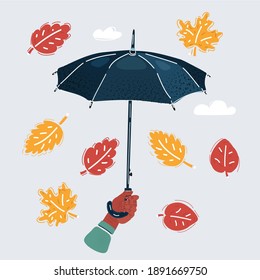 Vector cartoon illustration of Hand with umbrella and isolated on white background and autumn fallen leaves around.