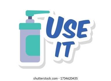 Vector cartoon illustration of hand wash and use it text sticker design. Isolated on white background.