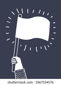 Vector cartoon illustration of Hand waving a white flag isolated on dark background