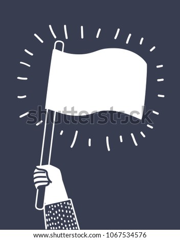 Vector cartoon illustration of Hand waving a white flag isolated on dark background