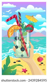 Vector cartoon illustration with a hand of woman holding glass of fruit cocktail drink against beach and seascape. Summer time background, flat design