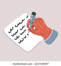 Vector cartoon illustration of hand write on paper with pan