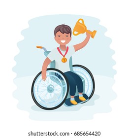 Vector cartoon illustration of handicapped boy in a wheelchair win and holding gold winner cup and firs place medal.