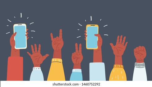 Vector cartoon illustration of Hands up in The Air and take photos on smartphones. fans at a concert. Colorful horizontal banner on dark background.