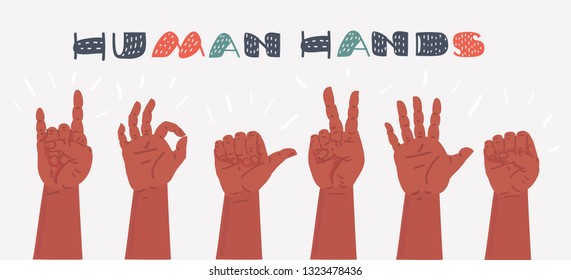 Vector cartoon illustration of Hands gestures white background. Hand gesture set. Ok, fist, peace, victory, rock, OK, five.