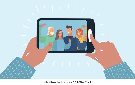 Vector cartoon illustration of Hands holding smartphone with young smiling men and women displaying on screen. Friends taking selfie, group of happy people photographing themselves.
