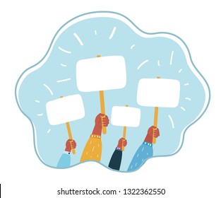 Vector cartoon illustration of hands holding banners. Demonstrators with the slogan.