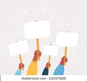 Vector cartoon illustration of Hands holding plate. Election Voting Poster. Blanc Banners on white.