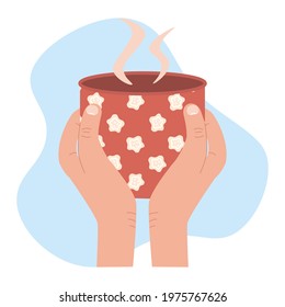 Vector cartoon illustration of hands holding a red cup with flower pattern of hot tea or coffee isolated on white background.