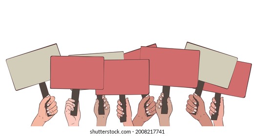 Vector cartoon illustration of Hands holding plate. Election Voting Poster. Blanc Banners on white.