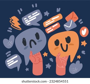 Vector cartoon illustration of hands holding Speech bubble smile face icons. Happy, sad, cry signs. Happy and sadness smiley chat symbol. Satisfied and unsatisfied feedbacks over dark background