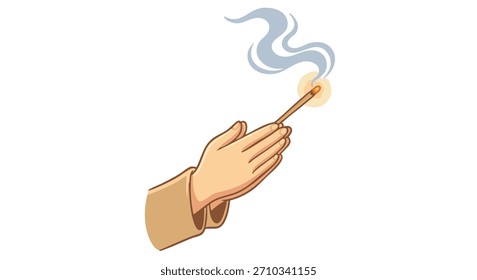 Vector ilustración de dibujos animados de manos sosteniendo un palo de incienso ardiendo con humo. Símbolo de oración, budismo, espiritualidad y ritual religioso aislado sobre fondo blanco