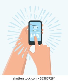 Vector cartoon illustration of hands holding smart phone with add to cart button. Online shopping by mobile web app